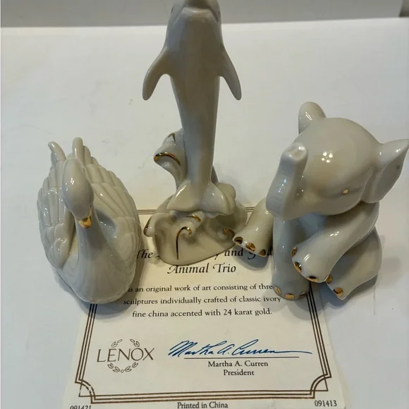 Lenox Ivory & Gold Animal Trio. Elephant, Dolphin & Swan Figurines W/ COA - Picture 6 of 6